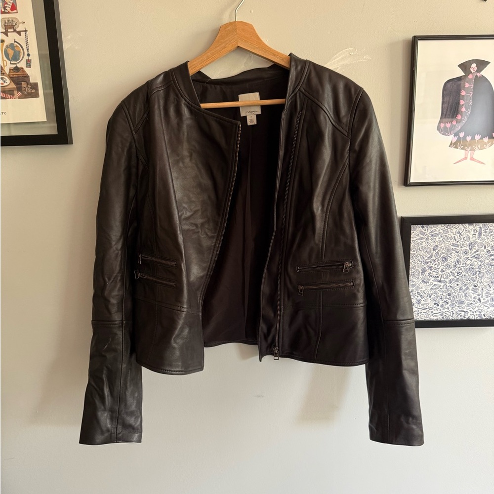 Halogen Black Leather Jacket Sleek Collarless Des… - image 1